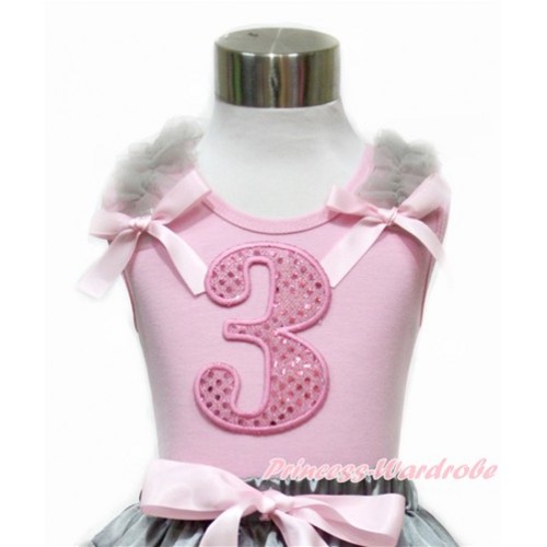 Light Pink Tank Top With Grey Ruffles & Light Pink Bow With 3rd Sparkle Light Pink Birthday Number Print TP84 