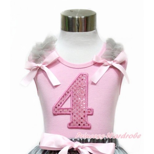 Light Pink Tank Top With Grey Ruffles & Light Pink Bow With 4th Sparkle Light Pink Birthday Number Print TP85 