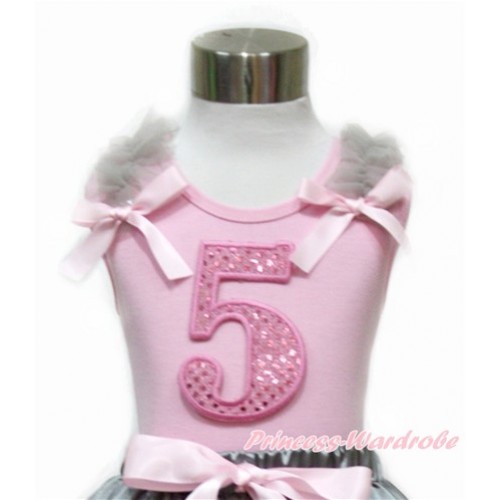 Light Pink Tank Top With Grey Ruffles & Light Pink Bow With 5th Sparkle Light Pink Birthday Number Print TP86 