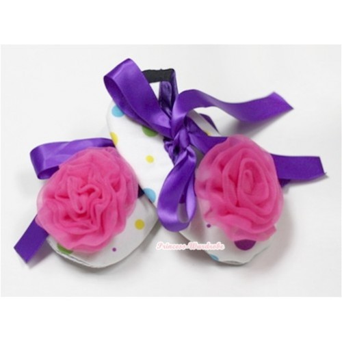 White Rainbow Polka Dots Crib Shoes with Dark Purple Ribbon with Hot Pink Rosettes S521 