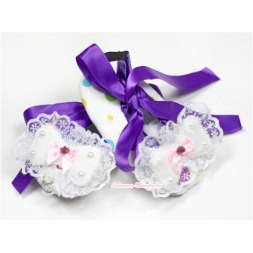 White Rainbow Polka Dots Crib Shoes with Dark Purple Ribbon with Lace Bow S522 