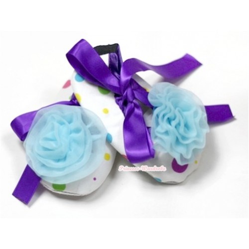 White Rainbow Polka Dots Crib Shoes with Dark Purple Ribbon with Light Blue Rosettes S519 