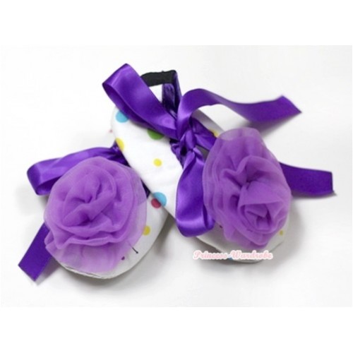 White Rainbow Polka Dots Crib Shoes with Dark Purple Ribbon with Dark Purple Rosettes S517 
