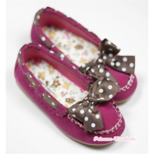 Hot Pink With Brown White Polka Dots Cute Bow Girl Shoes SE003 