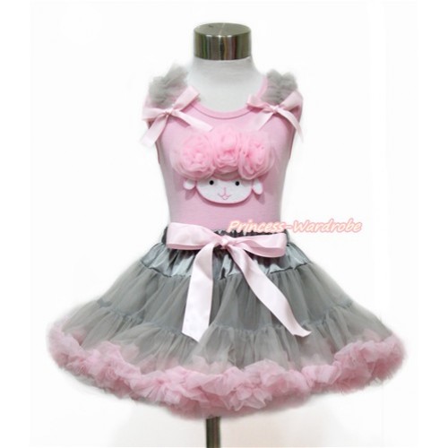 Easter Light Pink Tank Top with Grey Ruffles & Light Pink Bow with Light Pink Rosettes Sheep Print With Grey Light Pink Pettiskirt M572 
