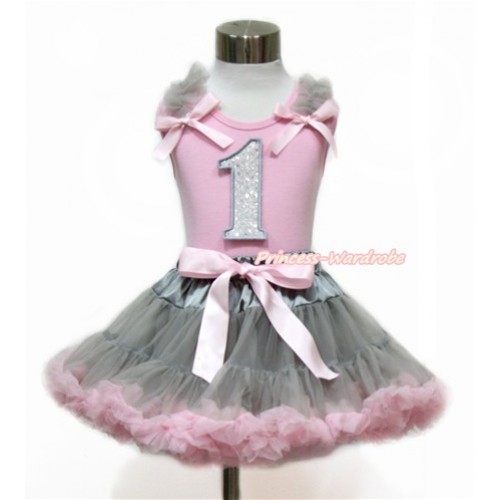 Light Pink Tank Top with Grey Ruffles & Light Pink Bow with 1st Sparkle White Birthday Number Print With Grey Light Pink Pettiskirt M573 