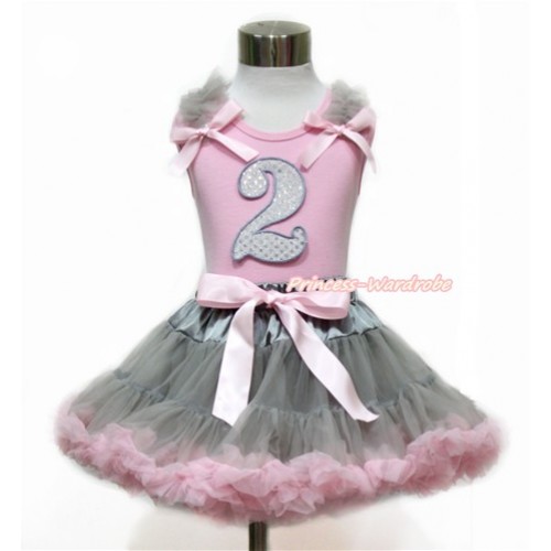 Light Pink Tank Top with Grey Ruffles & Light Pink Bow with 2nd Sparkle White Birthday Number Print With Grey Light Pink Pettiskirt M574 