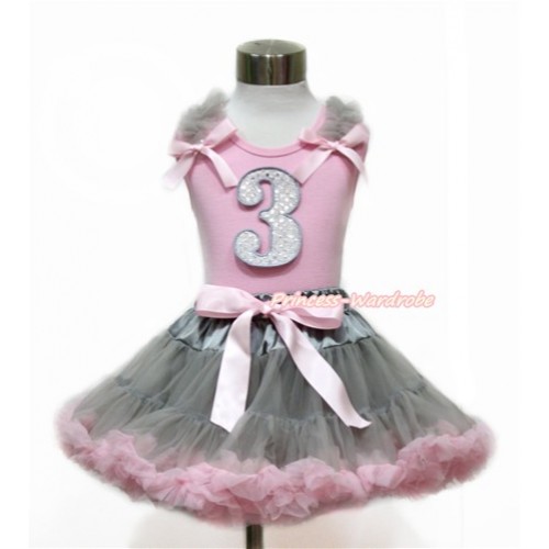 Light Pink Tank Top with Grey Ruffles & Light Pink Bow with 3rd Sparkle White Birthday Number Print With Grey Light Pink Pettiskirt M575 