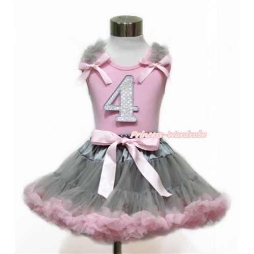 Light Pink Tank Top with Grey Ruffles & Light Pink Bow with 4th Sparkle White Birthday Number Print With Grey Light Pink Pettiskirt M576 
