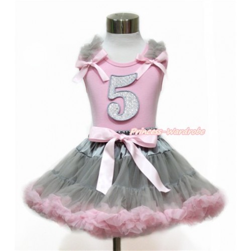 Light Pink Tank Top with Grey Ruffles & Light Pink Bow with 5th Sparkle White Birthday Number Print With Grey Light Pink Pettiskirt M577 