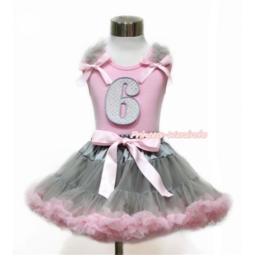 Light Pink Tank Top with Grey Ruffles & Light Pink Bow with 6th Sparkle White Birthday Number Print With Grey Light Pink Pettiskirt M578 