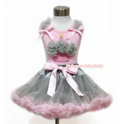 Light Pink Tank Top with Grey Ruffles & Light Pink Bow with Grey Rosettes Birthday Cake Print With Grey Light Pink Pettiskirt M579 