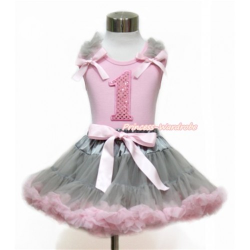 Light Pink Tank Top with Grey Ruffles & Light Pink Bow with 1st Sparkle Light Pink Birthday Number Print With Grey Light Pink Pettiskirt M580 