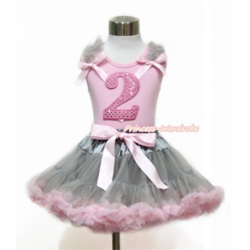 Light Pink Tank Top with Grey Ruffles & Light Pink Bow with 2nd Sparkle Light Pink Birthday Number Print With Grey Light Pink Pettiskirt M581 