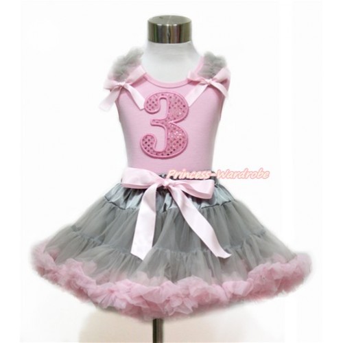 Light Pink Tank Top with Grey Ruffles & Light Pink Bow with 3rd Sparkle Light Pink Birthday Number Print With Grey Light Pink Pettiskirt M582 