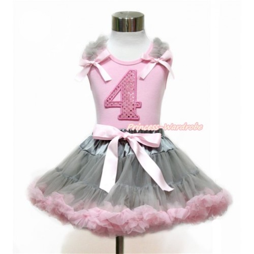 Light Pink Tank Top with Grey Ruffles & Light Pink Bow with 4th Sparkle Light Pink Birthday Number Print With Grey Light Pink Pettiskirt M583 