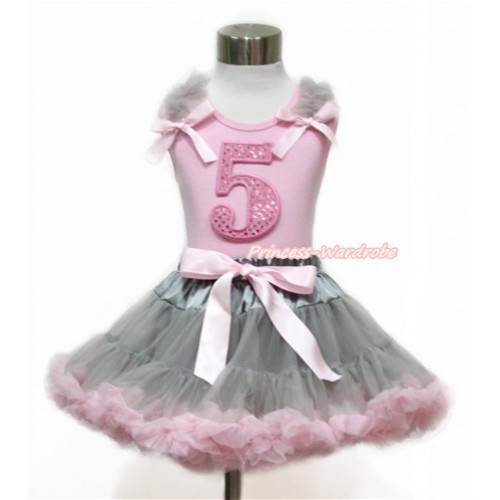 Light Pink Tank Top with Grey Ruffles & Light Pink Bow with 5th Sparkle Light Pink Birthday Number Print With Grey Light Pink Pettiskirt M584 
