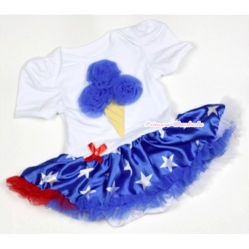 White Baby Jumpsuit Patriotic American Star Pettiskirt with Royal Blue Rosettes Ice Cream Print JS460 