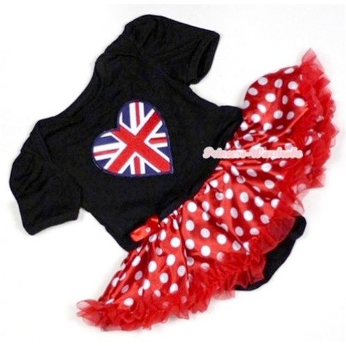 Black Baby Jumpsuit Minnie Dots Pettiskirt with Patriotic British Heart Print JS474 