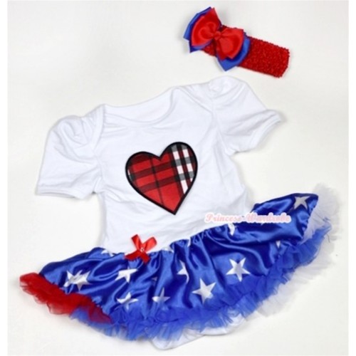 White Baby Jumpsuit Patriotic American Star Pettiskirt With Red Black Checked Heart Print With Red Headband Red Royal Blue Ribbon Bow JS494 