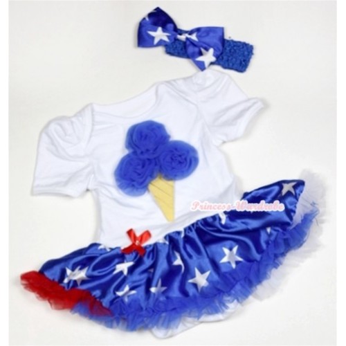 White Baby Jumpsuit Patriotic American Star Pettiskirt With Royal Blue Rosettes Ice Cream Print With Royal Blue Headband Patriotic American Star Satin Bow JS498 
