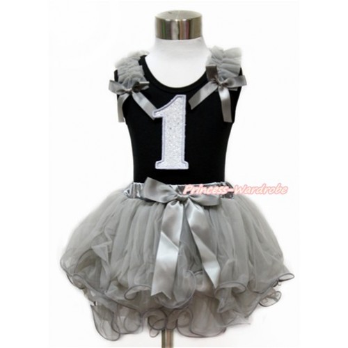 Black Tank Top With Grey Ruffles & Grey Bow & 1st Sparkle White Birthday Number Print With Grey Bow Grey Petal Pettiskirt MG1136 