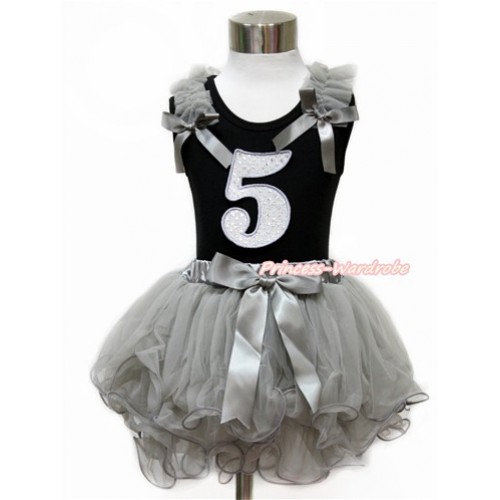 Black Tank Top With Grey Ruffles & Grey Bow & 5th Sparkle White Birthday Number Print With Grey Bow Grey Petal Pettiskirt MG1140 