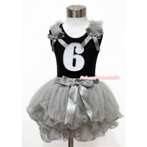 Black Tank Top With Grey Ruffles & Grey Bow & 6th Sparkle White Birthday Number Print With Grey Bow Grey Petal Pettiskirt MG1141 