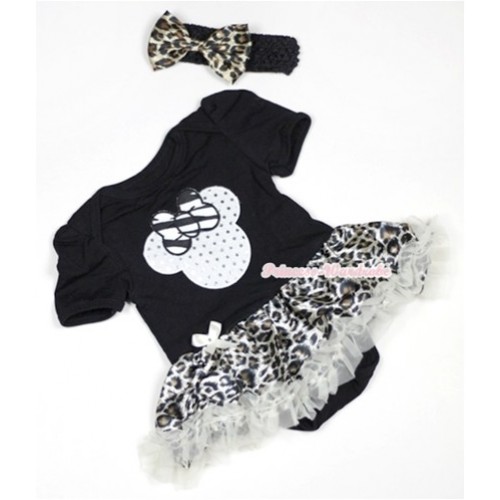Black Baby Jumpsuit Cream White Leopard Pettiskirt With Sparkle White Minnie Print With Black Headband Leopard Satin Bow JS500 
