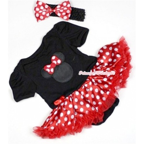 Black Baby Jumpsuit Minnie Dots Pettiskirt With Minnie Print With Black Headband Minnie Dots Satin Bow JS510 