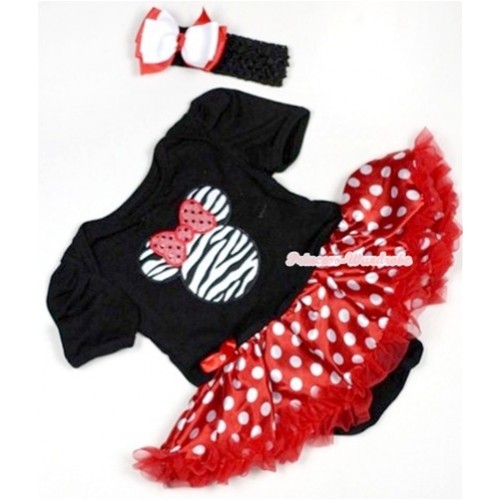 Black Baby Jumpsuit Minnie Dots Pettiskirt With Zebra Minnie Print With Black Headband White Red Ribbon Bow JS511 