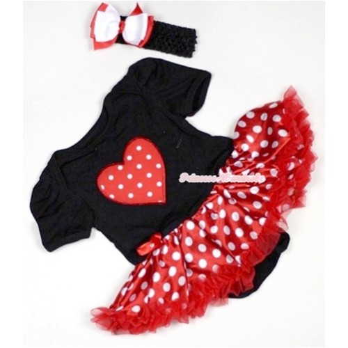 Black Baby Jumpsuit Minnie Dots Pettiskirt With Red White Polka Dots Heart Print With Black Headband White Red Ribbon Bow JS512 