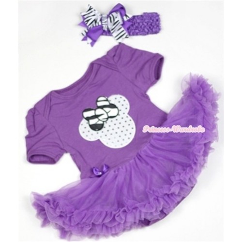 Dark Purple Baby Jumpsuit Dark Purple Pettiskirt With Sparkle White Minnie Print With Dark Purple Headband Dark Purple Zebra Screwed Ribbon Bow JS528 