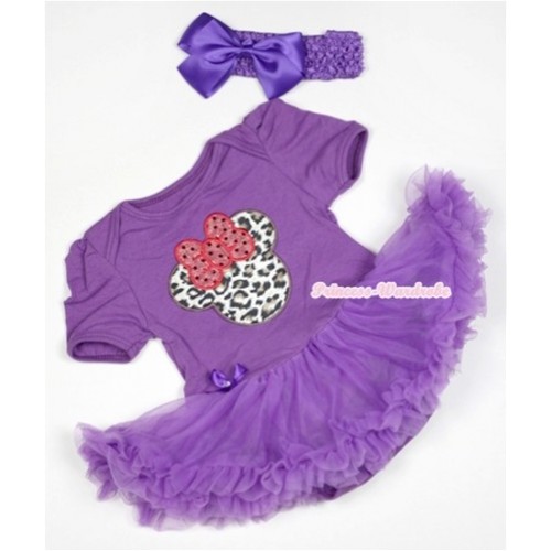 Dark Purple Baby Jumpsuit Dark Purple Pettiskirt With Leopard Minnie Print With Dark Purple Headband Dark Purple Silk Bow JS529 