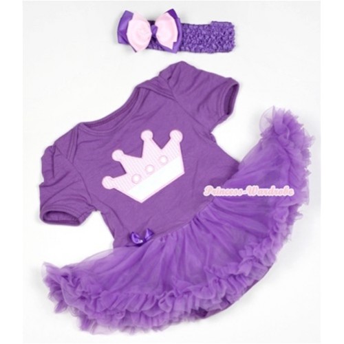 Dark Purple Baby Jumpsuit Dark Purple Pettiskirt With Crown Print With Dark Purple Headband Light Pink Dark Purple Ribbon Bow JS530 