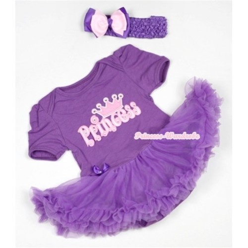 Dark Purple Baby Jumpsuit Dark Purple Pettiskirt With Princess Print With Dark Purple Headband Light Pink Dark Purple Ribbon Bow JS532 