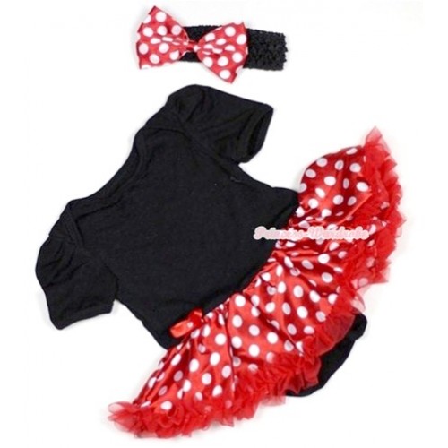Black Baby Jumpsuit Minnie Dots Pettiskirt With Black Headband Minnie Dots Satin Bow JS479 