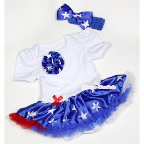 White Baby Jumpsuit Patriotic American Star Pettiskirt With One Patriotic American Star Rose With Royal Blue Headband American Star Satin Bow JS486 