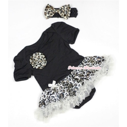 Black Baby Jumpsuit Cream White Leopard Pettiskirt With One Leopard Rose With Black Headband Leopard Satin Bow JS487 