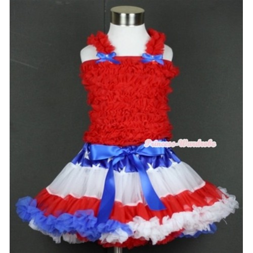 Patriotic American Star Waist Red White Royal Blue Pettiskirt with Red Ruffles Tank Top With Royal Blue Bows MR222 