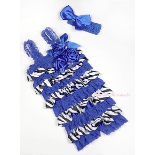 Royal Blue Zebra Satin Layer Rompers With Straps With Big Bow & Bunch Of Royal Blue Satin Rosettes& Crystal,With Royal Blue Headband Royal Blue Silk Bow RH116 