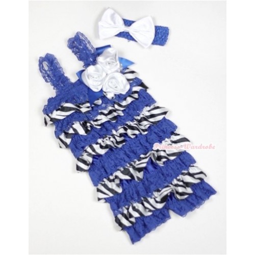 Royal Blue Zebra Satin Layer Rompers With Straps With Big Bow & Bunch Of White Satin Rosettes& Crystal,With Royal Blue Headband White Satin Bow RH117 