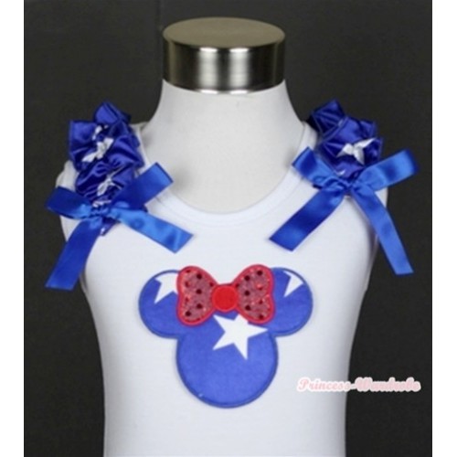 White Tank Top With Patriotic American Star Minnie Print with Patriotic American Star Ruffles & Royal Blue Bow TB352 