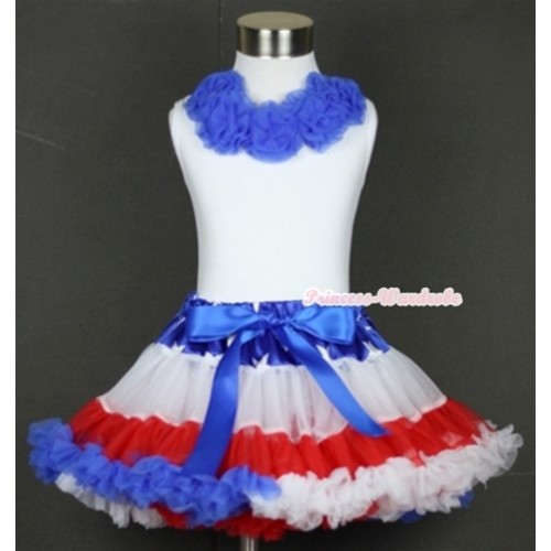 White Tank Tops with Royal Blue Rosettes & Patriotic American Star Waist Red White Royal Blue Pettiskirt MG564 