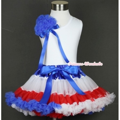 White Tank Top With a Bunch of Royal Blue Rosettes& Royal Blue Bow With Patriotic American Star Waist Red White Royal Blue Pettiskirt MG565 