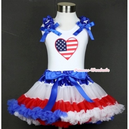 White Tank Top with Patriotic American Heart Print with Patriotic American Star Ruffles & Royal Blue Bow & Patriotic American Star Waist Red White Royal Blue Pettiskirt MG567 