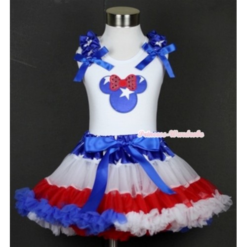 White Tank Top with Patriotic American Star Minnie Print with Patriotic American Star Ruffles & Royal Blue Bow & Patriotic American Star Waist Red White Royal Blue Pettiskirt MG569 