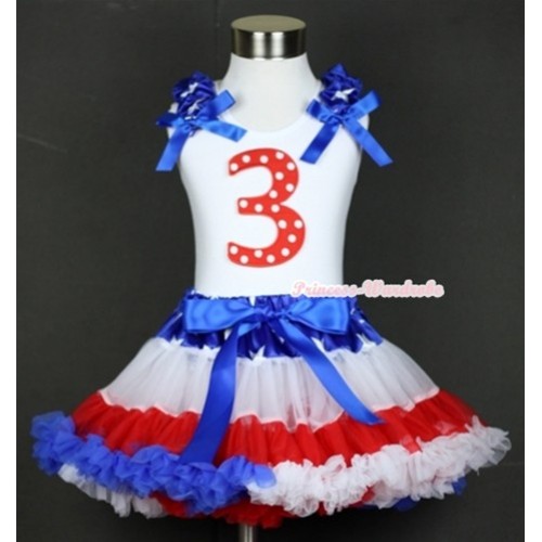 White Tank Top with 3rd Red White Dots Birthday Number Print with Patriotic American Star Ruffles & Royal Blue Bow & Patriotic American Star Waist Red White Royal Blue Pettiskirt MG572 