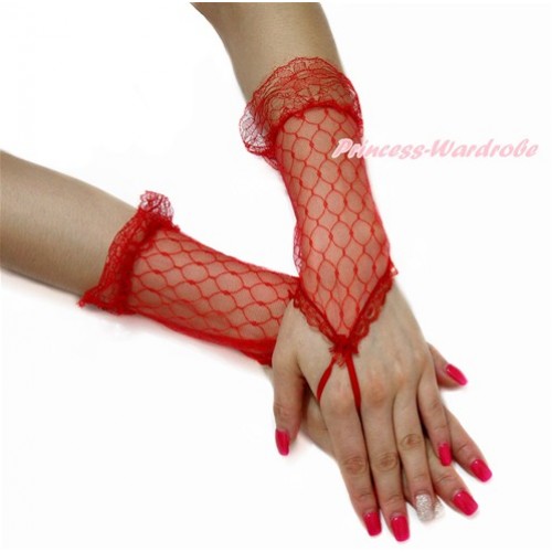 Hot Red Lace See Through Wedding Princess Costume Fingerless Gloves PG002 