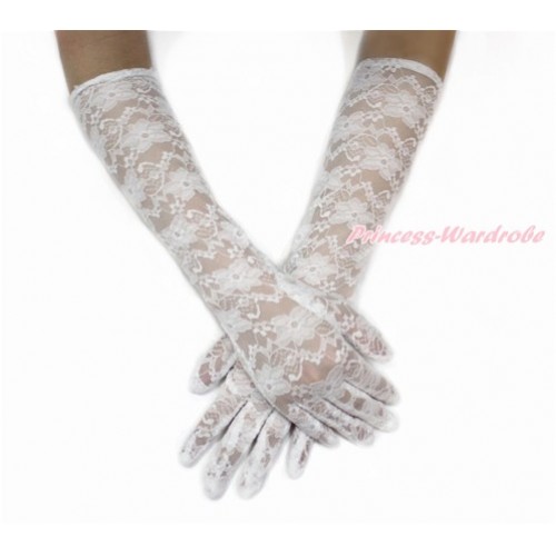 White Wedding Elbow Length Princess Costume Long Lace See Through Gloves PG005 